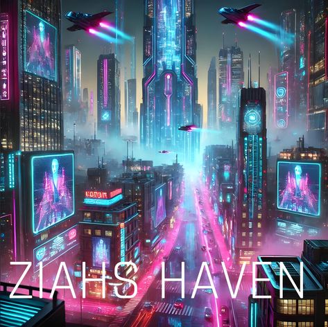 A breathtaking cyberpunk cityscape illuminated by neon pink and blue lights. Towering skyscrapers adorned with holographic billboards and digital advertisements stretch into the sky, displaying futuristic figures and symbols. The streets below are alive with flying vehicles, glowing highways, and a bustling metropolis, giving the city an ultra-modern, high-tech aesthetic. Mist drifts through the streets, adding a sense of mystery and depth. The combination of advanced technology, neon lighting, and a dense urban environment creates an immersive, futuristic dystopian atmosphere. Cyberpunk Cityscape, Neon Rose, Flying Vehicles, Tech Aesthetic, Blue Lights, Urban Environment, Metropolis, Neon Lighting, Advanced Technology