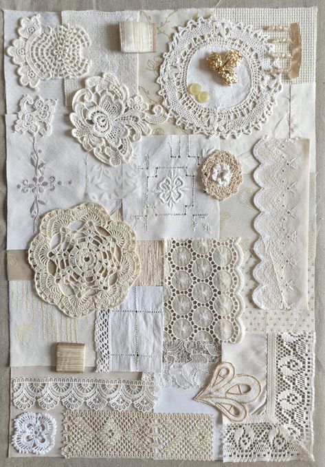 Lace Collage, Vintage Handkerchiefs Crafts, Handkerchief Crafts, Doily Art, Crazy Quilts Patterns, Patchwork Embroidery, Textile Art Embroidery, Scrap Fabric Crafts, Scrap Fabric Projects