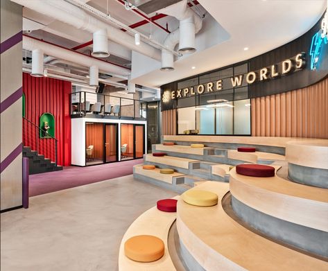 Spyke Games Offices - Istanbul | Office Snapshots Mural Signage, Office Breakout Space, Colorful Office Space, Breakout Room, Breakout Space, Contemporary Office Design, Tiered Seating, Commercial Office Design, Interior Architecture Drawing