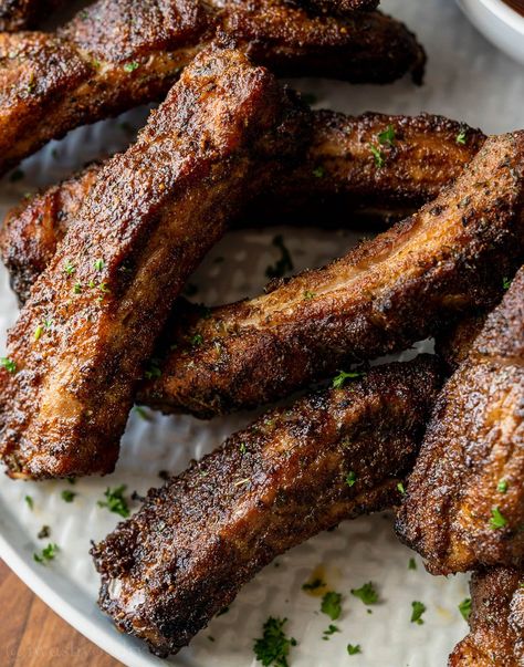 Quick cooking, yet ultra tender and juicy Air Fryer Ribs. Air Fryer Baby Back Ribs Recipe, Garlic Ribs Recipe, Salt And Pepper Ribs, Air Fryer Ribs, Rib Rub Recipe, Lite Recipes, Coconut Shrimp Recipes, How To Cook Ribs, Bbq Dishes