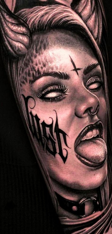 Demonic Woman Tattoo, Demonic Tattoo Designs, Gothic Tattoo Sleeve, Toxic Tattoo, Tattoo Devil, Hyperrealistic Art, Chicano Style, Cool Tattoo Drawings, Devil Tattoo