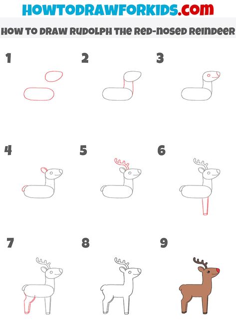 Rudolph Directed Drawing For Kids, Christmas Robin Drawing, Reindeer Easy Drawing, How To Draw Rudolph Step By Step, How To Draw A Reindeer For Kids, Rudolph The Red Nosed Reindeer Drawing, How To Draw A Reindeer, How To Draw Christmas Stuff Step By Step, Easy Reindeer Drawing