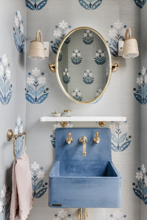 21 Powder Rooms That Make a Statement | The Scout Guide Blue Bathrooms Designs, Schumacher Wallpaper, Concrete Sink, Powder Room Design, Casa Vintage, Half Bathroom, Blue Bathroom, Street Design, Beautiful Bathrooms