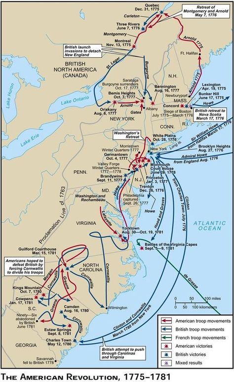 This map details key battles throughout the Revolutionary War. Some of the battles shown were major battles, and some are turning points, in the American Revolution. Genealogy Map, 13 Colonies, Map Worksheets, The Oregon Trail, Remote Sensing, Homeschool History, Teaching History, Interesting History, Us History