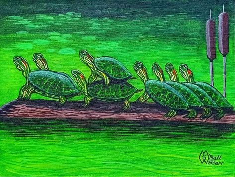 World Turtle, World Turtle Day, Turtle Day, Basking In The Sun, Turtle Wall Art, Lake Painting, Turtle Love, Turtle Painting, Turtle Art