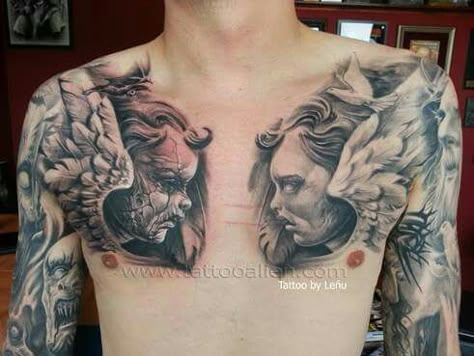 Angel cementery tattoo demon Angel And Demon Chest Tattoo, Angel And Demons Tattoo, Angel And Demon Tattoo Sleeve, Cherub Chest Tattoo, Good Vs Evil Chest Tattoo, Tattoo Back Piece Men, Demon Chest Tattoo, Demon And Angel Tattoo, Demon Angel Tattoo