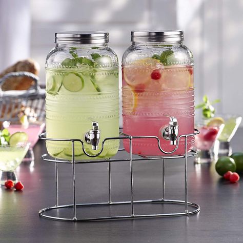 Double Drink Dispenser, Glass Juice Dispenser, Beverage Dispenser Ideas, Glass Drink Dispenser, Juice Dispenser, Glass Beverage Dispenser, Crockery Design, Drink Stand, Fresh Squeezed Lemonade