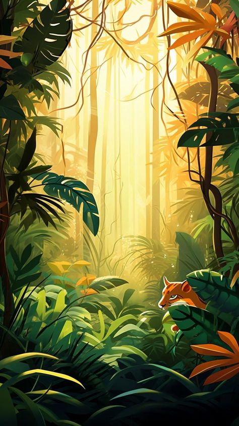 Step into the sunlit jungle thicket, a place drenched in warm sunlight inviting creatures to bask on the radiant floor. This lush environment offers a peaceful sanctuary for all inhabitants, from fluttering butterflies to majestic tigers. Let the warm embrace of the sun envelop you as you explore this vibrant ecosystem. #SunlitJungle #RadiantFloor #WarmInvitation #BaskInTheSunlight #NatureParadise Jungle Reference, Murals Ideas, Wall Painting Flowers, Jungle Drawing, Jungle Cartoon, Perspective Images, Jungle Painting, Fluttering Butterflies, Jungle Scene