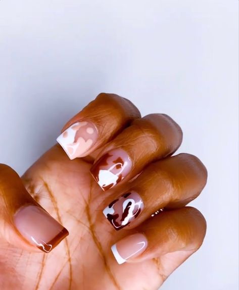 Brown Cow Print Nails Short, Brown Cow Nails, Short Cow Print Nails, Brown Cow Print Nails, Country Acrylic Nails, Cow Tipping, French Trip, Cow Print Nails, Brown Cow Print