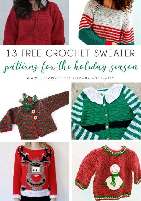 Baby Christmas Jumper, Free Crochet Sweater Patterns, Ugly Christmas Sweater Pattern, Baby Christmas Sweater, Free Crochet Sweater, Xmas Crochet, Xmas Sweaters, Crochet Feather, Eco Christmas