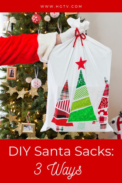 3 DIY Santa Sacks for Christmas Presents | HGTV.com Santa Bags Diy, Santa Sack Ideas, Christmas Sacks Diy, Diy Santa Sack, Diy Christmas Sacks, Santa Sacks Diy, Santa Sack Pattern, Grandma's Cottage, Thrifted Christmas