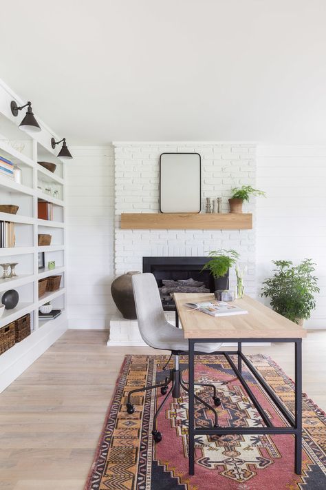 Style Me Pretty Living Feature in The Bluegrass State! — Alyssa Rosenheck — The New Southern Fireplace Office, Modern Farmhouse Office, Office With Fireplace, White Brick Fireplace, Home Office Modern, Style Me Pretty Living, Farmhouse Office, Modern Office Space, Modern Farmhouse Home