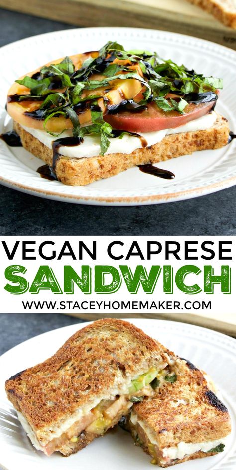 Thick-cut slices of juicy heirloom tomatoes, creamy vegan mozzarella, fresh basil, and tangy balsamic glaze between two slices of toasted bread makes a delicious, easy vegan sandwich that you can enjoy for lunch or dinner!  #EasyVeganSandwich #VeganCapreseSandwich #VeganSandwich Vegan Caprese Sandwich, Easy Vegan Sandwich, Vegan Caprese, Greek Sandwich, Homemaker Recipes, Toasted Sandwich Recipes, Healthy Sandwich, Vegan Greek, Vegan Sandwiches