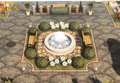 Town Park Design, Water Fountain Animal Crossing, Acnh Vertical Banner Design Code, Animal Crossing Seasonal Area, Anch Elegantcore, Animal Crossing House Ideas Inside, Acnh Outdoor House Ideas, Animal Crossing Elegantcore Entrance, Animal Crossing Land Ideas