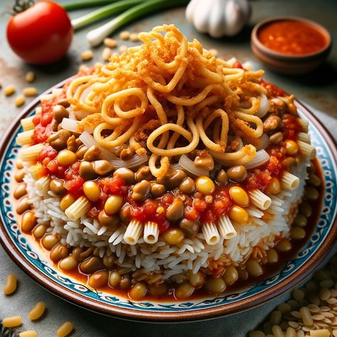 Cooking up Joy - Made with love: Pharaoh's Feast: Authentic Egyptian Koshari Koshary Egyptian, Egyptian Koshari, Koshari Recipe, Egyptian Recipes, Spicy Tomato Sauce, Egyptian Food, Small Pasta, Egyptian Culture, Anime Food