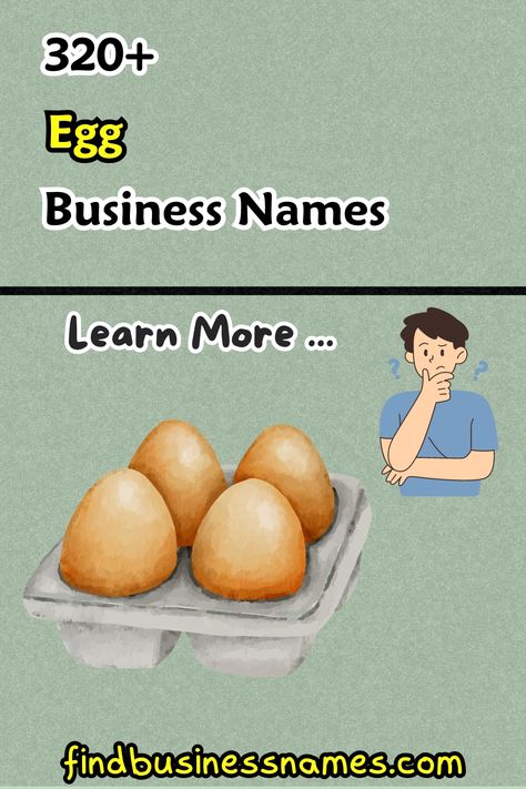 Explore a curated list of catchy and creative egg business names here! 

From "Yolk Delights" to "Eggcellent Eats," find the ideal name that cracks the competition. 

Get inspired for your egg-cellent venture today! 

#EggBusinessNames Egg Business, Cafe Names Ideas, Farm Eggs, Egg Bites, Business Names, Get Inspired, Egg, How To Memorize Things