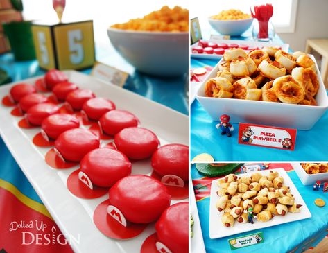 Mario Hats from Babybel Cheese for Super Mario 5th Birthday - DolledUpDesign Super Mario Party Food, Super Smash Bros Party, Mario Bros Birthday Party, Super Mario Bros Birthday, Mario Kart Party, Mario Bros Birthday Party Ideas, Pizza Pinwheels, Super Mario Bros Birthday Party, Super Mario Bros Party