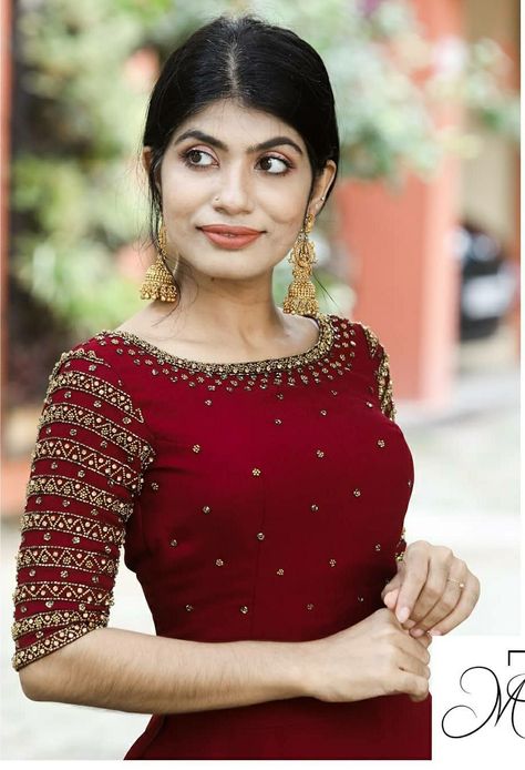 Aari Work Top Design, Chudi Aari Work Design, Aari Work For Chudi Top, Aari Work Chudithar Design, Aari Work Kurti, Long Skirt Top Designs, Silk Saree Blouse Designs Patterns, Long Skirt And Top, Blouse Tops Designs