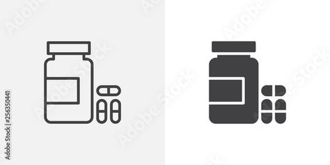 Stock Image: Medical pills bottle icon. line and glyph version, outline and filled vector sign. Medicine capsule linear and full pictogram. Symbol, logo illustration. Different style icons set Bottle Icon, Pill Bottles, Symbol Logo, Logo Illustration, Glyphs, Icon Set, Different Styles, Style Icons, Medicine