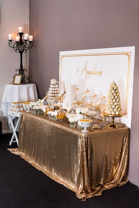 Elegant Gold + White Baptism Party via Kara's Party Ideas KarasPartyIdeas.com #goldandwhitebaptismdesserttable (36) Tafel Decor, Golden Birthday, Baptism Party, Candy Table, 30th Birthday Parties, 50th Wedding Anniversary, Gold Party, Karas Party Ideas, 50th Wedding