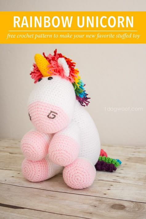 Free crochet pattern to make a large stuffed rainbow unicorn. This will become your new favorite stuffed animal! Pattern and tutorial available at www.1dogwoof.com Rainbow Unicorn Crochet Pattern, Crochet Large Stuffed Animals, Crochet Rainbow Unicorn, Large Crochet Patterns, Large Crochet Amigurumi, Large Crochet Stuffed Animals, Free Crochet Horse Pattern, Free Unicorn Crochet Pattern, Large Amigurumi Pattern Free