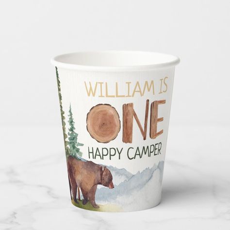 Personalized One Happy Camper Woodland Bear Paper Cups  Zazzle Woodland 1st Birthday, One Happy Camper, Watercolor Woodland, Woodland Bear, Pool Party Decorations, Birthday Paper, Watercolor Birthday, Boy Birthday Invitations, Birthday Name