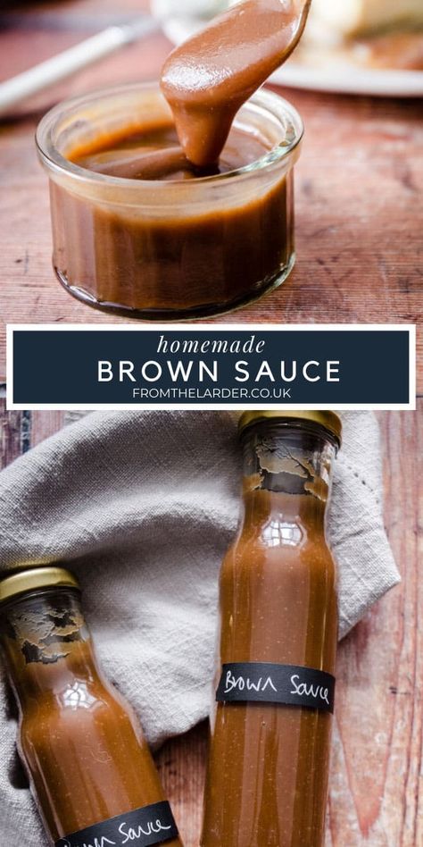 Pin Image of Homemade Brown Sauce. Two images, one of the bottles of sauce, the other of the sauce in a pot with a spoon. With title text overlay Homemade Brown Sauce, Homemade Hp Brown Sauce, Hp Sauce Recipe, English Brown Sauce Recipe, Browning Sauce Recipe, Brown Sauce Recipe, Breakfast Sauce Recipe, Kfc Gravy, Sandwich Homemade