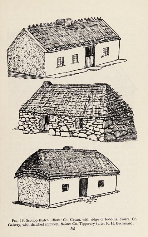 From "Irish Folk Ways" by E. Estyn Evans, 1957 Irish Neolithic Art, Irish Folk Art, Irish Homes, History Drawing, Neolithic Art, Irish Architecture, Cottage Illustration, Irish Folk, History Drawings