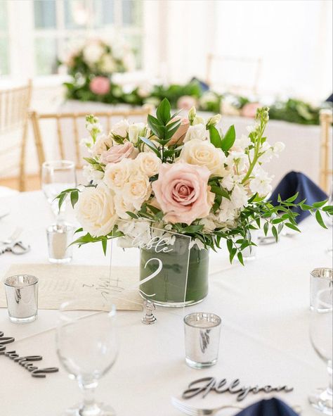 White And Blush Table Arrangement, Pink And White Table Centerpieces, Blush Pink And White Centerpieces, Pink Green Flower Arrangements, Table Flower Centerpieces Wedding, Pink Green White Wedding Candle Centerpiece With Flowers, Blush And White Centerpieces, Blush Pink And Sage Green Wedding Flowers Centerpieces, Low Centerpieces Wedding Round Table