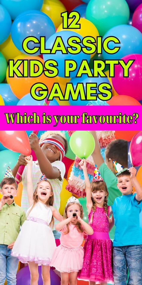 These 12 classic kids party games have stood the test of time! Generations of children have laughed and smiled while playing these fun group games perfect for a kids birthday party or any celebration. This list has everything you need for planning activities at your next kids party. Classic party games like musical chairs, pass the parcel, egg and spoon race, balloon relay race, pin the tail on the donkey. Active engaging games easy to set up and suitable for kids aged 4-11. Kids part planning Old School Party Games, Party Games For Kids Birthday, Games For Kids Birthday Party, School Party Games, Indoor Party Games, Pass The Parcel, Easy Party Games, Toddler Party Games, Christmas Party Games For Kids