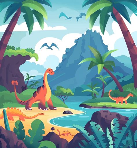 The image is a cartoon illustration of a prehistoric landscape. The scene is set in a lush jungle with green trees and plants ->> more details in ai-img-gen.com Animated Jungle Background, Prehistoric Jungle, Prehistoric Landscape, Jungle Cartoon, Orange Dinosaur, Red Dinosaur, Jungle Painting, Wordless Book, Dinosaur Posters