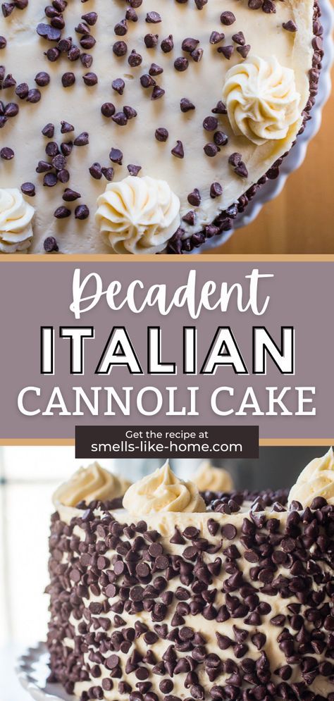 This indulgent Italian Cannoli Cake recipe is a must-try for any cake lover! Layers of rich rum-soaked yellow butter cake are sandwiched with homemade cannoli filling and topped with creamy vanilla buttercream frosting. To top it off, it's loaded with mini chocolate chips that will satisfy any sweet tooth. This showstopper of a cake will be the new star of your dessert table! Carabbas Cannoli Cake Recipe, Best Flavored Cakes, Carrabas Cannoli Cake Recipe, Casada Cake Italian, Cannoli Cake Recipe Italian Desserts, Chocolate Chip Cannoli Cake, Canolli Cake Recipe, Homemade Cake Filling, Chocolate Cake With Vanilla Filling