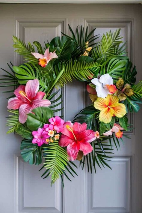 Tropical Wreath Ideas, Tropical Wreaths, Burlap Wrapped Wreath, Tropical Christmas Decorations, Hawaiian Wreath, Tropical Backdrop, Sunflower Burlap Wreaths, Making Wreaths, Tropical Wreath