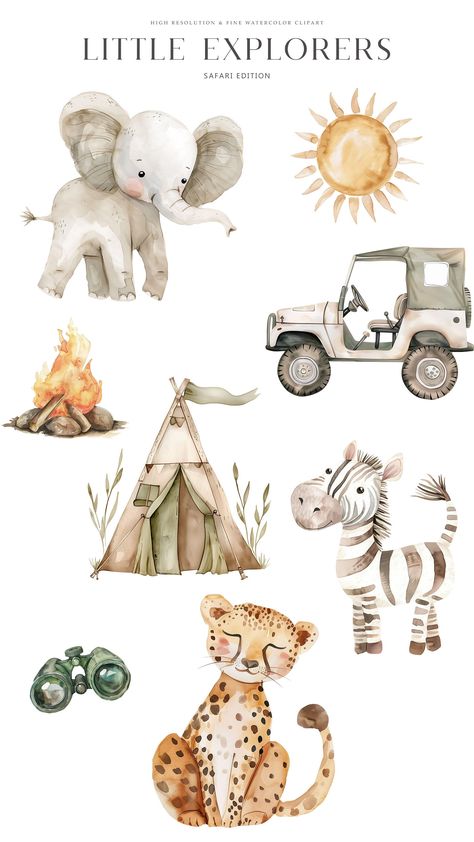 Safari Animals Drawing, Safari Painting, Waterpaint Ideas, Safari Clipart, Safari Baby Clipart, Safari Animals Watercolor, Jungle Safari Clipart, Cute Safari Animals Clipart, Create Birthday Card