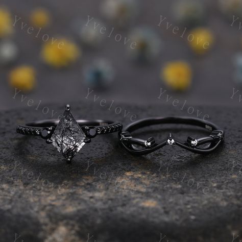 Retro Kite Black Rutilate Quartz Engagement Ring,vintage Black Silver Ring Set,unique Black Spinel Diamond Promise Ring Anniversary Gift - Etsy Black Unique Engagement Rings, Black Diamond Engagement Ring Vintage Unique, Jasper Ring Engagement, Black Wedding Rings For Women Unique, Black Ring With Diamond, Engagement Ring Goth, Black Ring Engagement, Black Band Wedding Rings, Black Engagement Rings Diamond