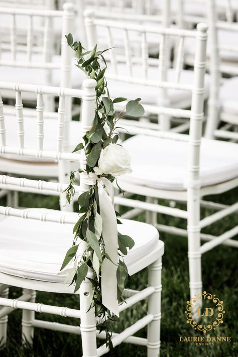 Greenery On Chairs Wedding, Isle Greenery Wedding, Flowers For Wedding Chairs, Outdoor Wedding Chairs Ceremony Seating, Chair Florals Wedding, Wedding Pergola Greenery, Wedding Chair Florals, Estate Wedding Ceremony, Simple Outdoor Wedding Aisle Decor