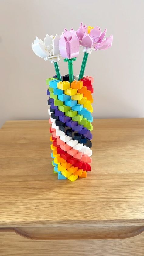 Thomas and Anda | Adding a splash of colour to my space with this handmade rainbow Lego vase!🌈��🌸 Happy Mother’s Day! 🌷🪻💕 #legoreels #legovase… | Instagram Lego Creations Ideas, Lego Vase Diy, Lego Flowers In Vase, Lego Art Floral, Lego Vase Instructions, Vases For Lego Flowers, Lego Flower Vase, Lego Vase, Lego Presents