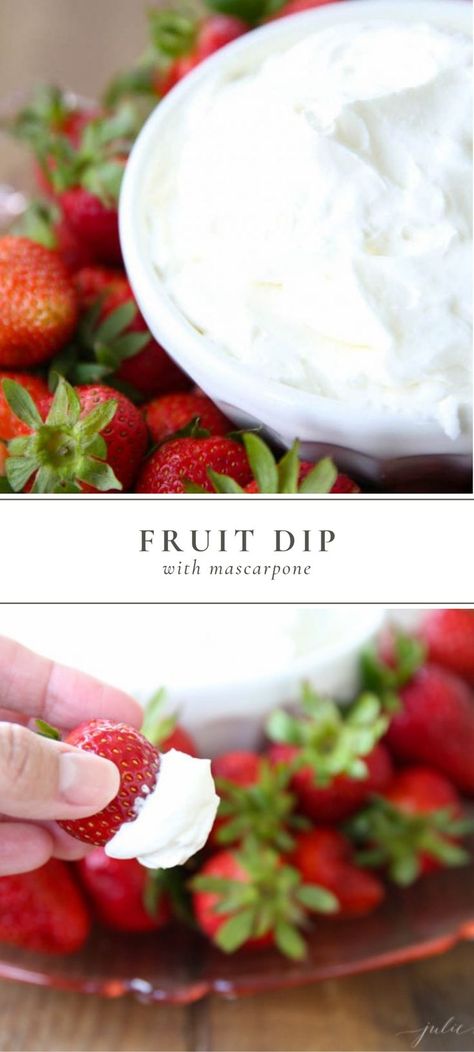 Easy 3 ingredient, 5-minute mascarpone cream recipe can be whipped up in no time. It’s the perfect fruit dip for cakes, crepes & more! #fruitdip #fruitdiprecipe #fruit #mascarponecheesedip #brunch #fruitplatter Mascarpone Dip, Recipes With Mascarpone Cheese, Mascarpone Cream Recipe, Cream Cheese Fruit Dip, Hot Dips, Make Ahead Brunch, Fruit Dips Recipes, Julie Blanner, Dinner Quick