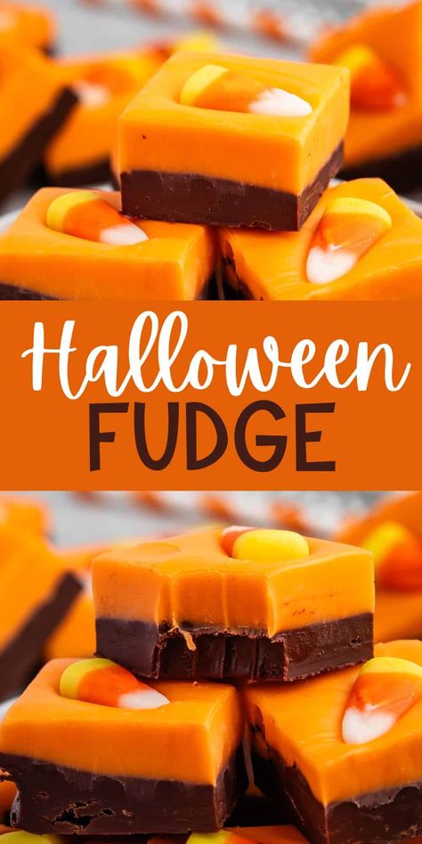 Layered Halloween Fudge - Crazy for Crust Easy Fall Fudge Recipe, Simple Halloween Desserts For Kids, Homemade Halloween Candy Ideas, Easy Back Sale Ideas, Halloween Treat Recipes Easy, Vampire Fudge Recipe, Fudge Recipes Halloween, Easy Halloween Fudge, Halloween Chocolate Desserts