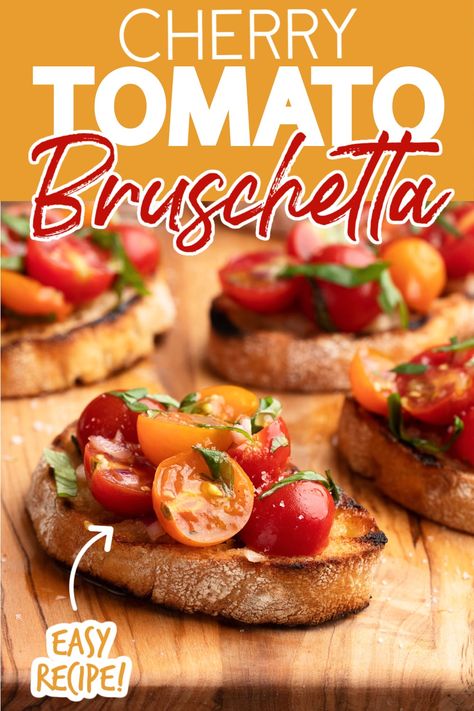 Cherry Tomato Bruschetta is a simple and delicious appetizer for summer entertaining. With fresh tomatoes, fragrant basil, and grilled garlic toast, this easy recipe makes a beautiful presentation. Yellow Tomato Bruschetta, Cherry Tomato Bruschetta, Tomato Toast Recipe, Tomato Bruschetta Recipe, Grilled Garlic, Cherry Tomato Plant, Garlic Toast, Cherry Tomato Recipes, Progressive Dinner