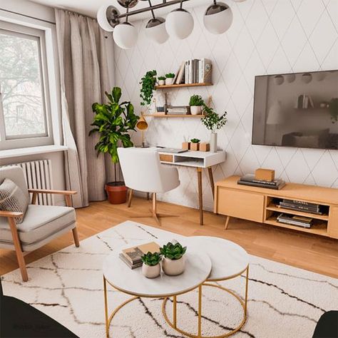 Living Room Office Combo, Living Room Workspace, Desk In Living Room, Small Apartment Living Room, Small Living Room Decor, Small Apartment Living, Livingroom Layout, Work Desk, Decoration Inspiration