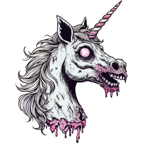 Zombie Unicorn Drawing, Zombie Unicorn Tattoo, Creepy Unicorn, Gothic Unicorn, Zombie Unicorn, Dark Unicorn, Satanic Tattoos, Unicorn Logo, Zombie Head