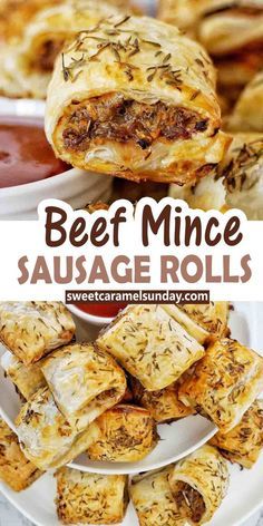 Beef Mince Sausage rolls are quick and easy to make! With a simply savory filling and crispy flaky pastry they oven bake to perfection. #easyrecipe @sweetcaramelsunday Beef Sausage Rolls, Healthy Sausage Rolls, Best Sausage Roll Recipe, Beef Sausage Recipes, Rolls Recipe Easy, Homemade Sausage Rolls, Minced Beef Recipes, Pasties Recipes, Sausage Rolls Recipe