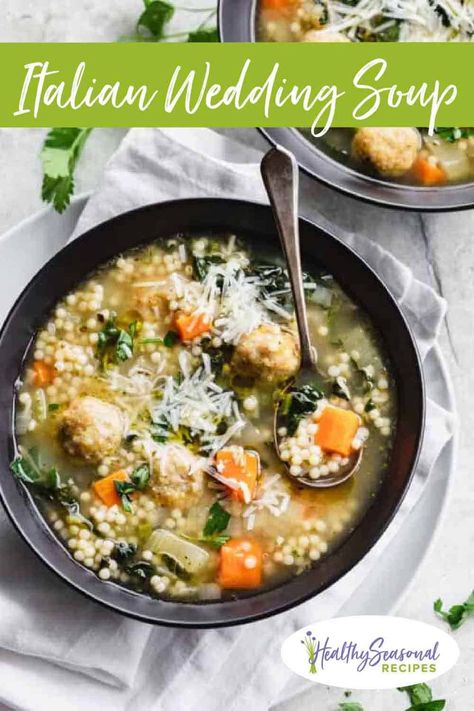 Italian Wedding Soup With Chicken, Healthy Italian Wedding Soup, Wedding Soup With Chicken, Chicken Meatballs Healthy, Tiny Pasta, Italian Wedding Soup Recipe, Soup With Chicken, Chicken Meatball, Healty Dinner