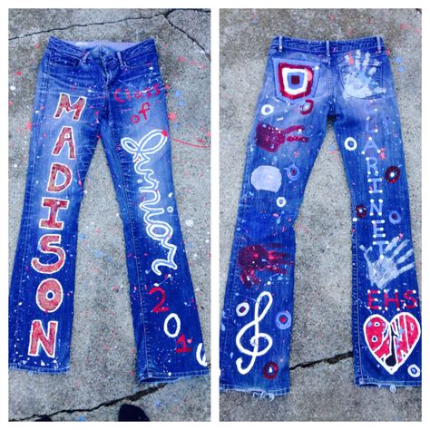 Junior Jeans for school spirit week! Made with acrylic paint, glitter, and an old pair of jeans. Painted Pants For Spirit Week, School Spirit Pants Diy, Junior Pants Ideas, Hoco Pants Painted, Junior Homecoming Pants, Spirit Week Painted Jeans, Hoco Pants Ideas Junior, Painted Homecoming Jeans, Diy Spirit Jeans