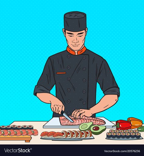 Chef Cooking Illustration, Sushi Chef Illustration, Chef Drawing, Salmon Drawing, Chef Illustration, Chef Character, Kitchen Illustration, Sushi Japanese, Ocean Illustration