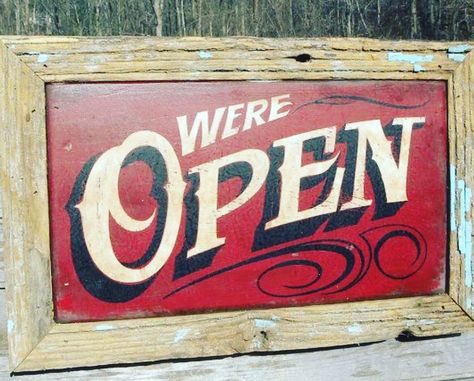 Open for business!! We are so grateful to God for keeping our family, friends, home and business safe! We continue to pray for those affected by Harvey and Irma. Thank you to everyone who checked in on us while we hunkered down this weekend!! It was an adventure for sure!!! #irma #hurricaneirma #artist #etsy #etsyseller #maker #enjoythisday #blessed #faithful #grateful #gratefulheart #handmade #buyhandmade #supporthandmade #supportsmallbusiness #smallbusiness #shopsmall #artistsofinstagram #arti Open Sign Drawing, Vintage Open Sign, Open Sign Aesthetic, Vintage Sign Painting, Open Sign Vintage, Sign Painting Lettering, Vintage Wooden Signs, Open Sign, Closed Signs