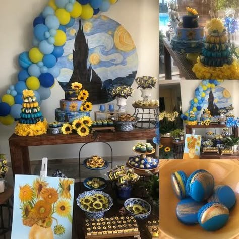 Van Gogh Cake Birthday, Van Gogh Birthday Theme, Bolo Van Gogh, Van Gogh Themed Party, Van Gogh Party Theme, Van Gogh Birthday Party, Starry Night Party Theme, Van Gogh Birthday, Starry Night Birthday