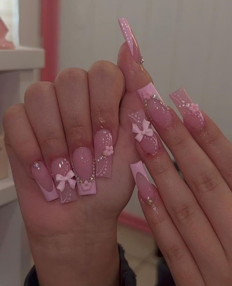 Pink Unique Nails, Pink Acrylic Nail Designs, Deluxe Nails, Quinceanera Nails, Pink French Nails, Cute Pink Nails, Baby Pink Nails, Girly Acrylic, Nail Tutorial