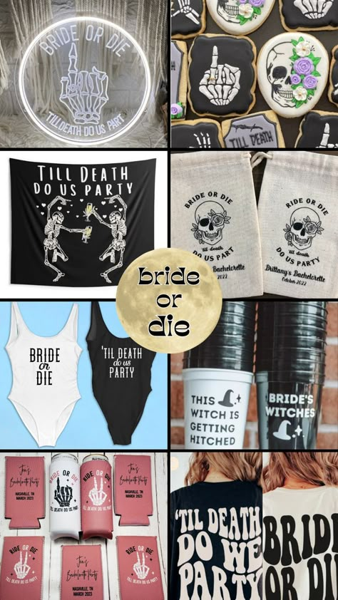 A collection of Halloween-themed bachelorette party products for 'Bride or Die,' featuring decorations, games, and attire to create a spooktacular and memorable celebration. Bride Or Die, Ideas For Halloween, Coven, Bachelorette Party, Big Day, Selfies, The Bride, Party Ideas, Halloween